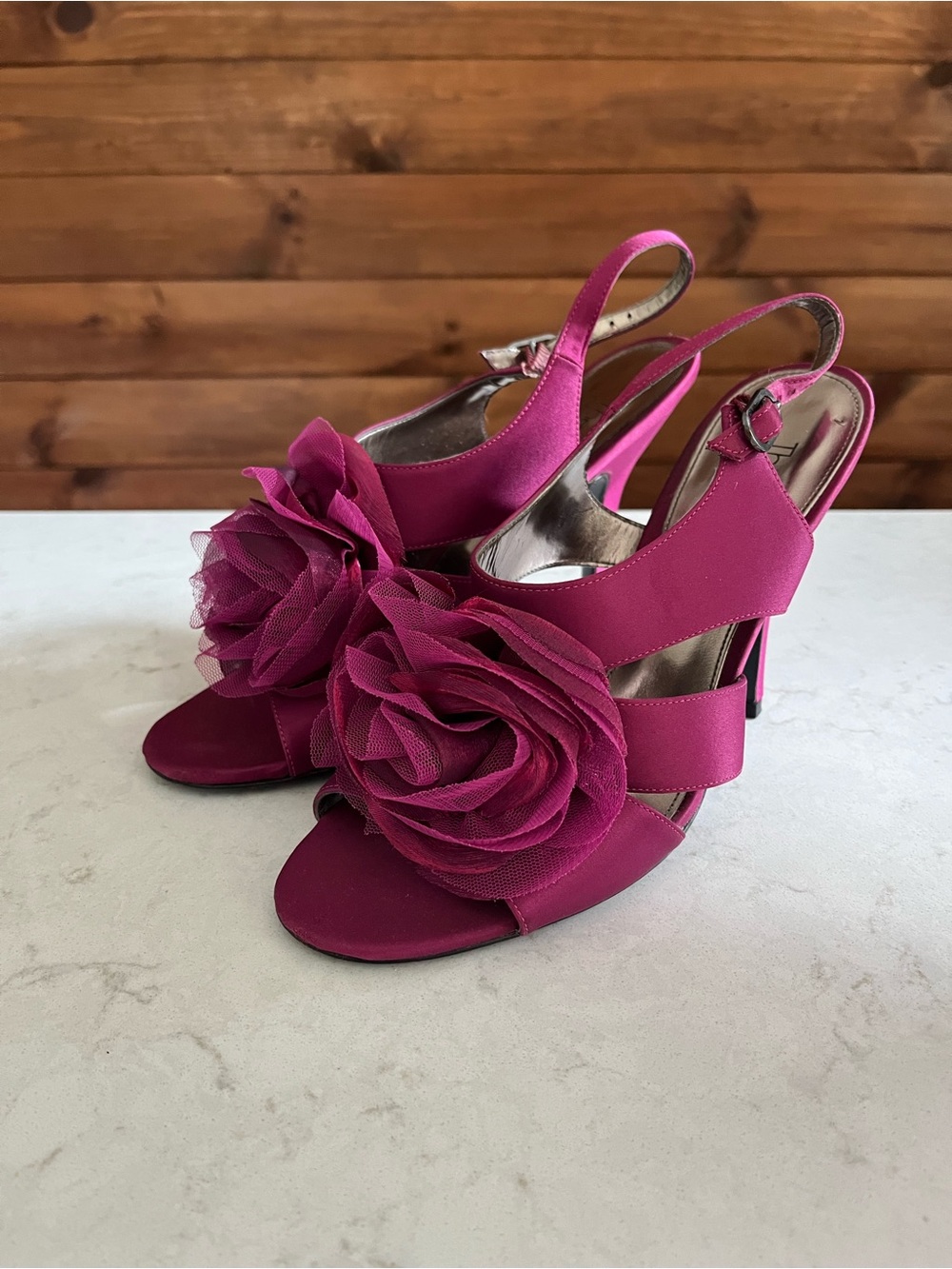 Fuchsia Floral Slingback Heels with Rosette Accent Size 9
